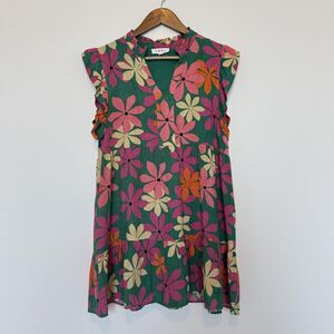 THML Dress Womens Small Green Floral Ruffle Sleeve Tiered Babydoll Pockets Lined